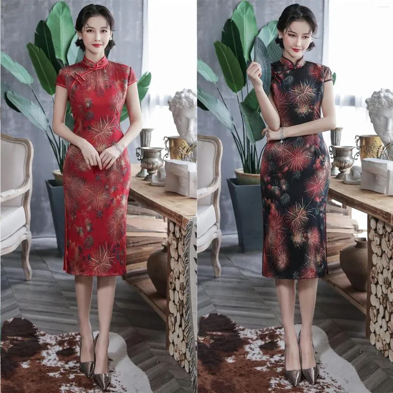 Ubranie etniczne Summer fajerwerki wydrukuj kolan cheongsam szczupły qipao sukienka chiński styl retro qi pao
