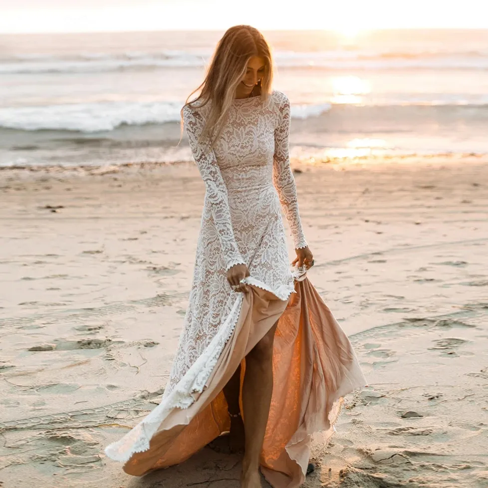 Lace Boho Wedding Dress For Women Long Sleeve Side Slit Backless Beach  Bride Dresses Bridal Gowns Vestido De Noiva Mariage Sexy From 124,25  |  DHgate
