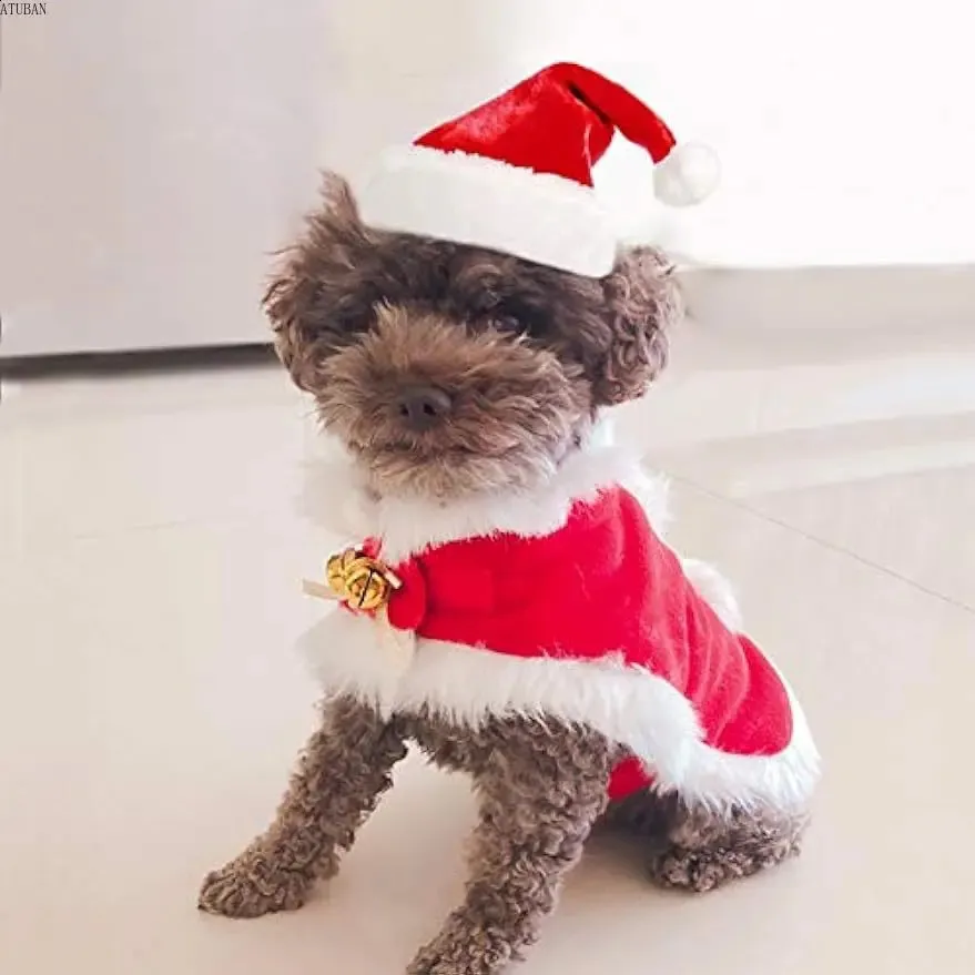 Vêtements pour chiens ATUBAN Costume de Noël pour animaux de compagnie Chat Santa Outfit Petit chien Chapeau de Noël avec manteau Ensemble Cat Year Apparel Costumes de chat 231110