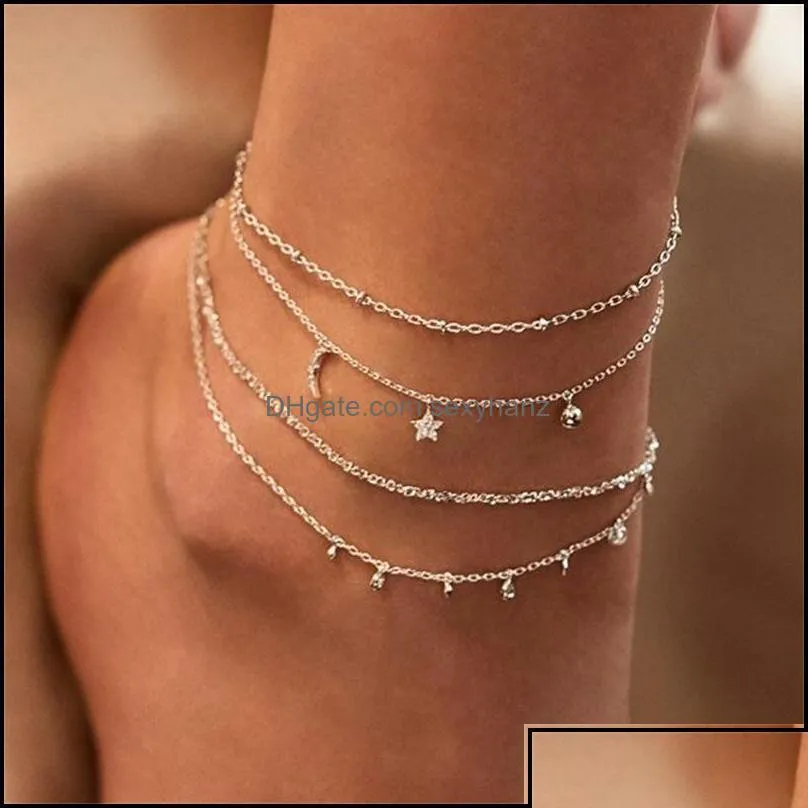 Cadlette Summer Boho Moon Star Anklet per donne oro mtilayer cristallo cristallo braccialetto della catena del piede per le gambe spiaggia aessories gioielli goccia dhiov dh0u5