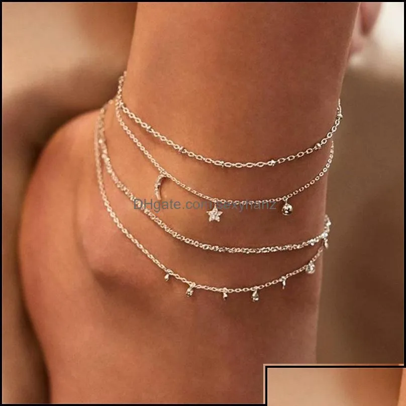 Tobilleras Verano Boho Moon Star Tobillera para mujer Oro Mtilayer Crystal Tobillo Pulsera Cadena de pie Pierna Playa Aessories Joyería Drop Deliv DH0U5