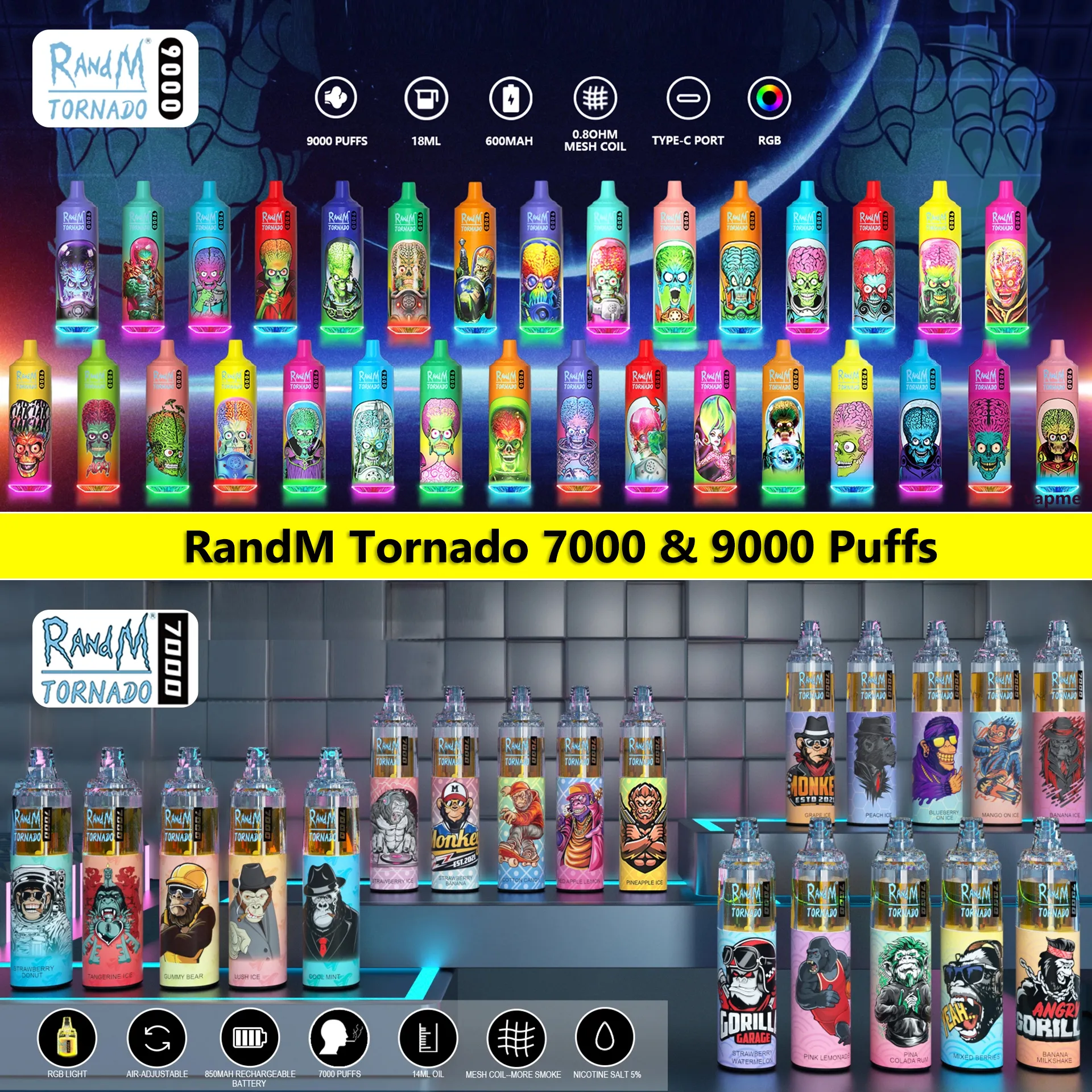 100% oryginalne Randm Tornado 7000 9000 Puffs Do jednorazowe Vape wszystkie smaki w magazynie 0% 2% 5% 7K 9K Puff E papierosy
