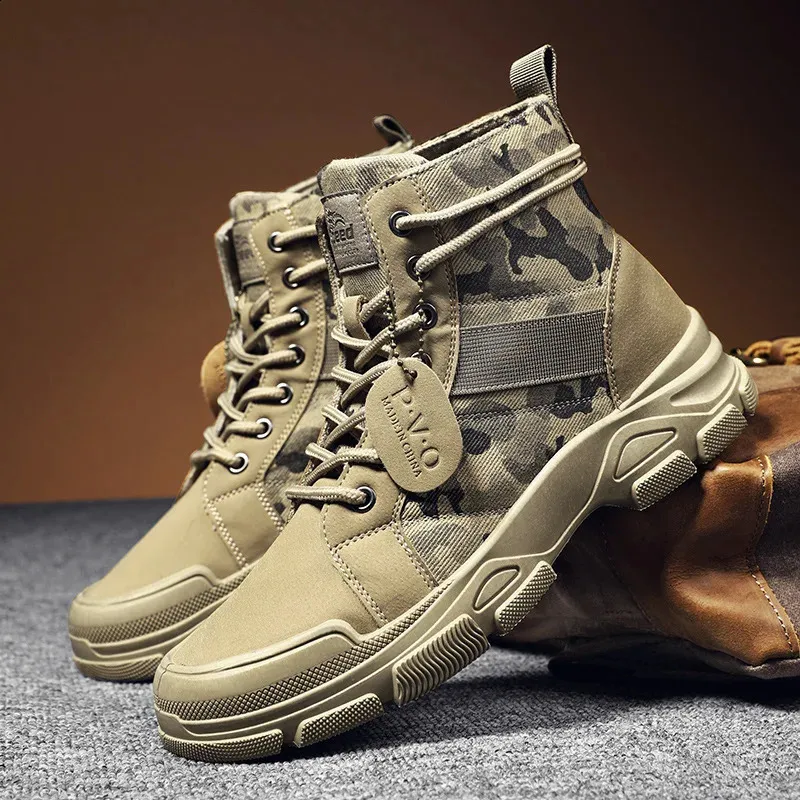 Säkerhetsskor Taktiska herrstövlar Militära Combat Boots Camouflage Desert Herrskor Vintermode Canvas Non-Slip vandring Boot Zapatillas 231110