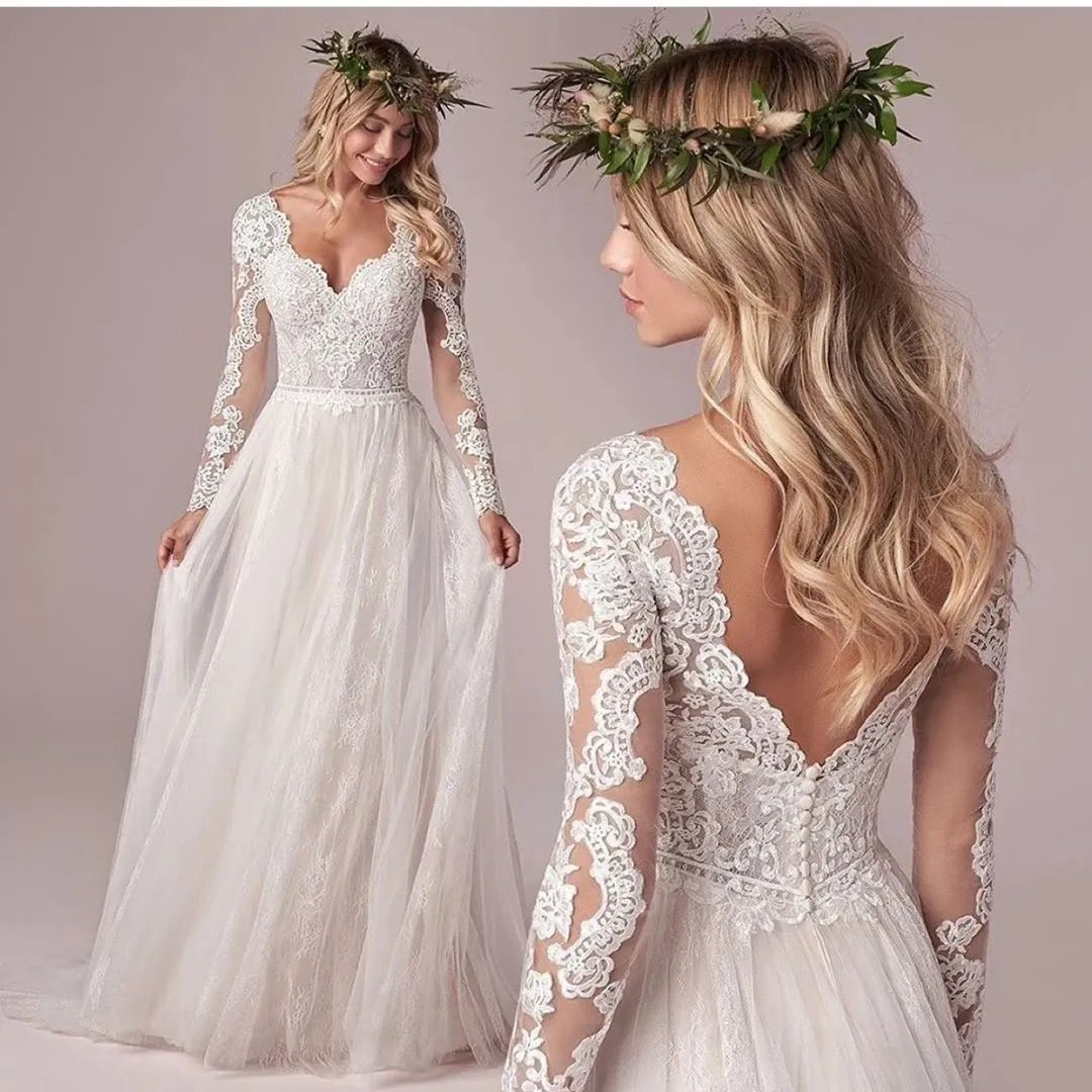 2024 Abito da sposa Bohemian a maniche lunghe per le donne Corsetto con schiena bassa in pizzo Appliques Tulle bianco Abiti da sposa da spiaggia Vestido De Noiva