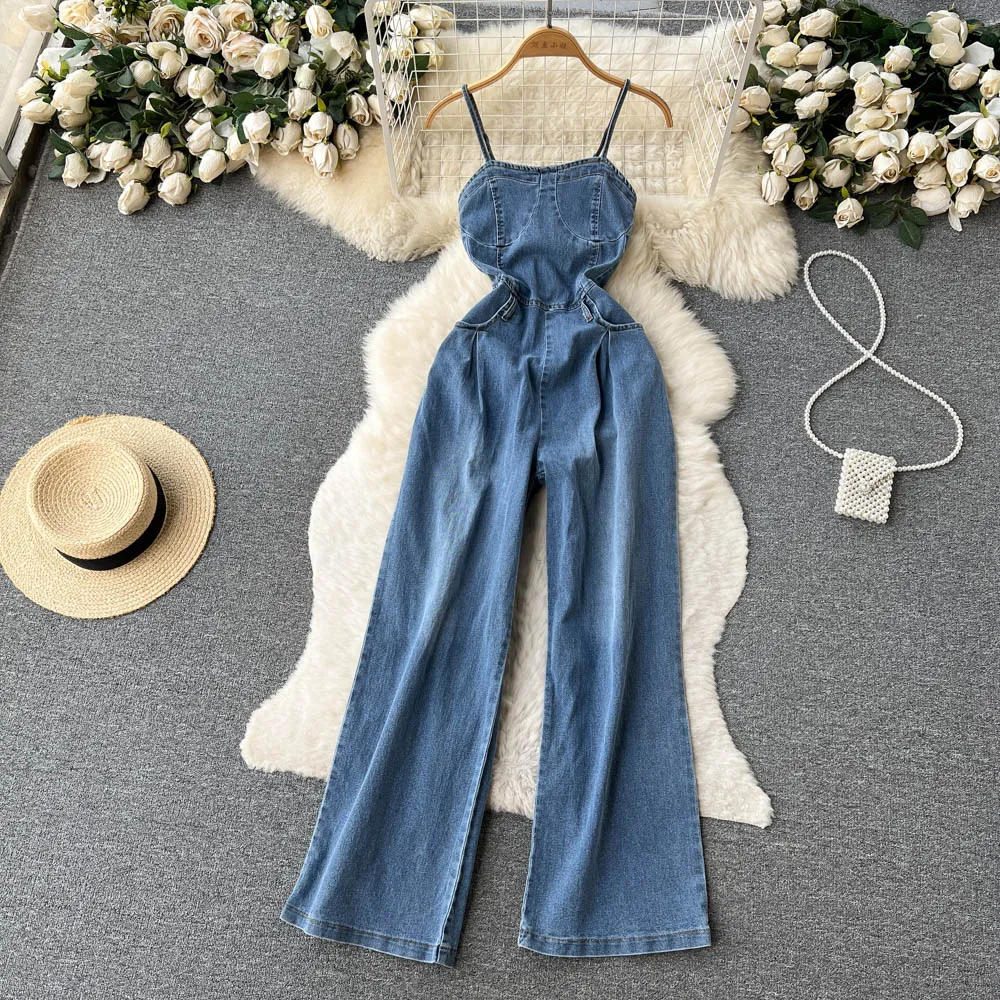 Womens Summer Retro Denim Jumpsuit Spicy Girl Waist Strap, Loose