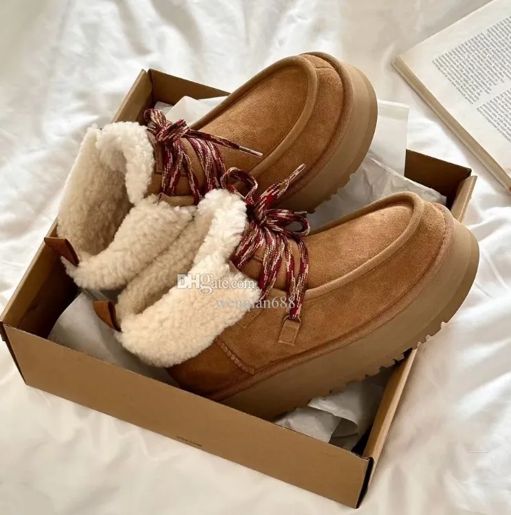 Women Platform Boots Funkarra Designer Boots Wool Fur Lace-Up Short Ankel Boot Australia Real Sheepskin Thick Sole Mini Booties Winter Slippers Shoes