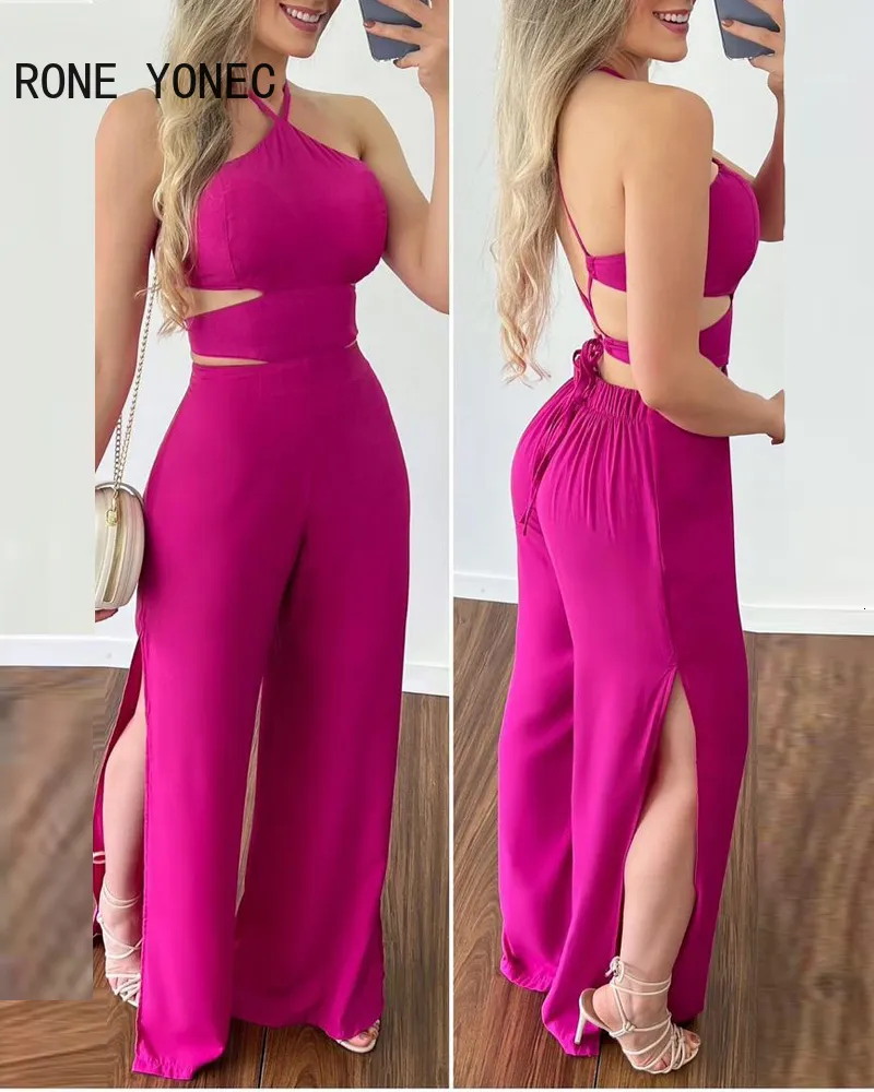 Jumpsuits voor dames romprers dames solide elegante sexy halter cami crop top top silt elastische taille sexy werkende jumpsuit 230410