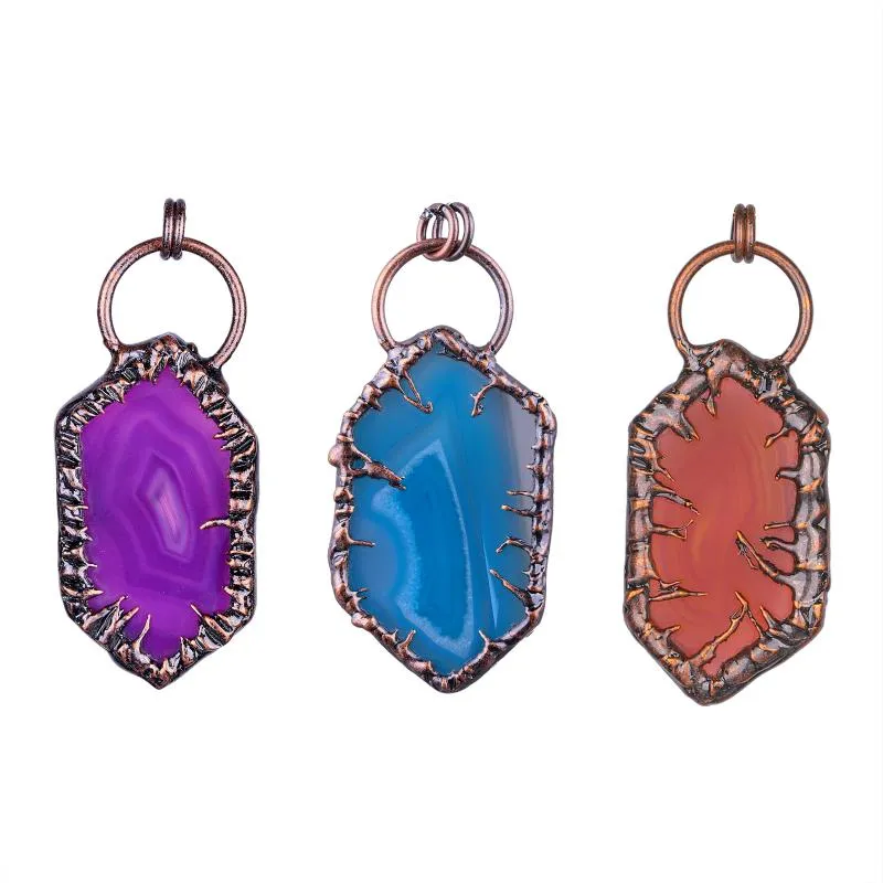 Pendant Necklaces Reiki Healing Natural Stone Hexagonal Agate Slice Pendants Covered Bronze Spindrift Design Charms For Jewelry NecklacePend