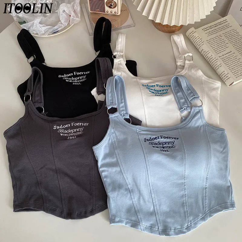 Camisoles Tanks ITOOLIN Women Embroidery Letter Tops With Bra Pad Casual Camis Y2K Crop For Shoulder Belt Iron Ring 230410