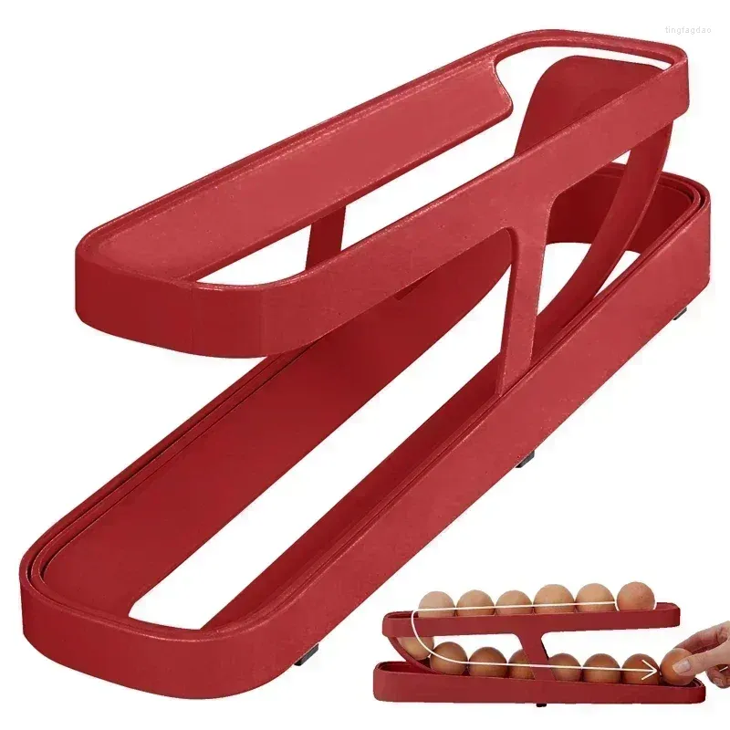 Lagringsflaskor Röd dubbellager Automatisk rullande äggställ Box Basket Container Organiser Roller Kylskåp Dispenser
