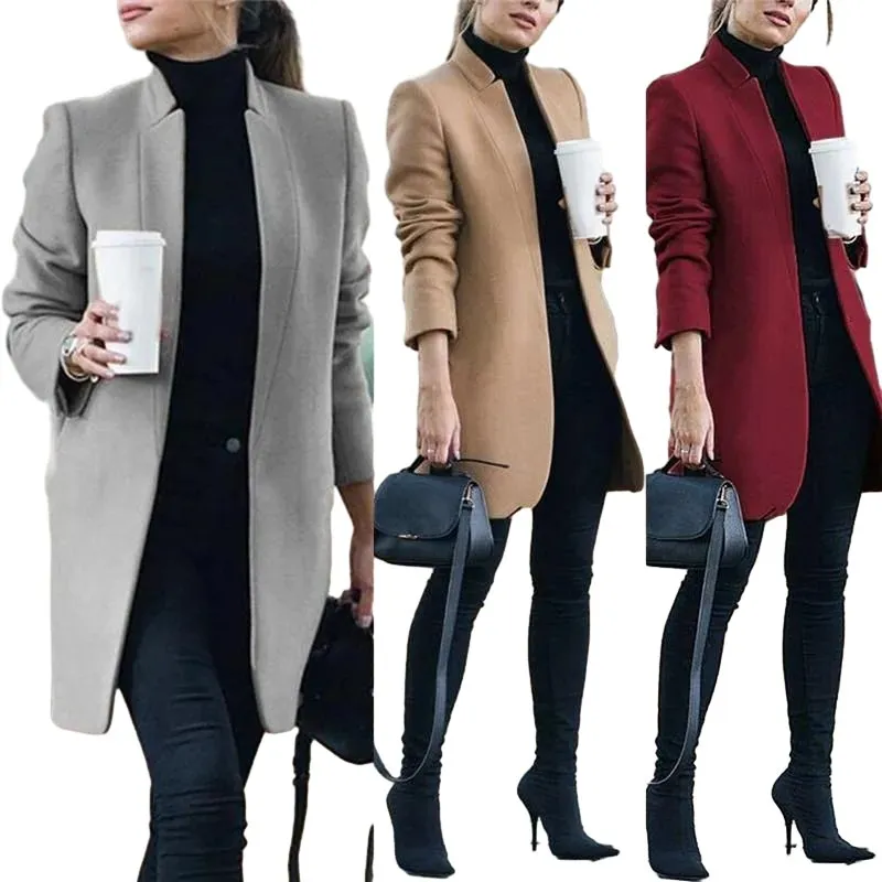 Nya kvinnor Wool Coat Autumn Winter Fashion Long Sleeve Stand Neck Jackets Plus Size S-5XL Solid Vintage Kvinnliga överrockar