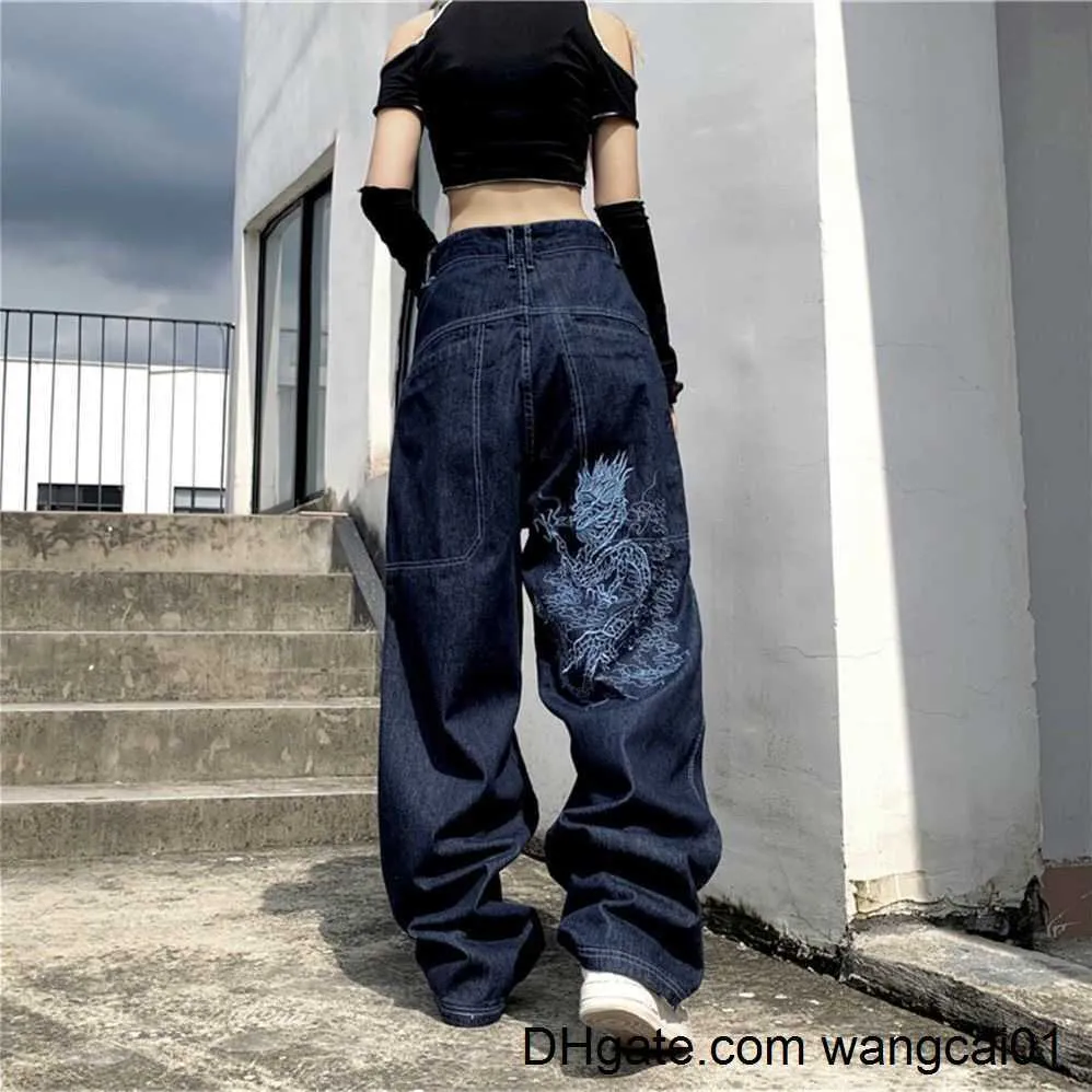 Damen-Jeans American Street Hip-Hop-Drachen-Stickerei Retro-Hohe Taille lose gerade weite G-Jeans fa Y2K Harajuku Wild-Jeans-Coup 0410H23