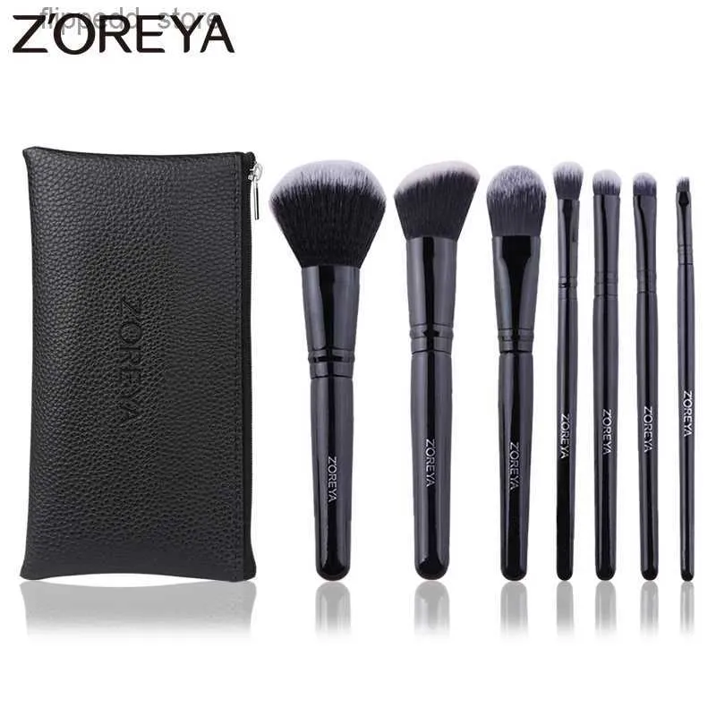 Makeup pędzle marka Zoreya Czarna kątowa rumieniec okrucieństwa bez makijażu pędzle do makijażu Wygodne syntetyczne proszkowe korektor oczu 7pcs Zestaw kosmetyczny Q231110