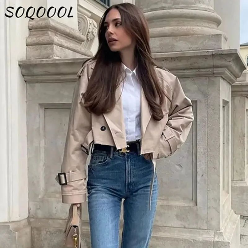 Giacche da donna Cintura color kaki Giacca da donna Autunno 2023 Moda Casual Streetwear Bottoni larghi a maniche lunghe Top femminili Trench corto Capispalla 231109