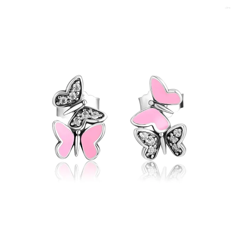 Studörhängen CKK 925 Sterling-Silver-jewelry Flutande Butterflie örhänge rosa emalj Europeisk stil för kvinnor party smycken pendents