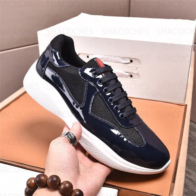 Designer-Schuhe, beliebte Herren-Sneaker, hochwertige Herren-Sneakers aus Leder „America Cup“, Lackleder-Nylon-Flachtrainer, schwarze Mesh-Schnür-Freizeitschuhe für den Außenbereich, geöffnet