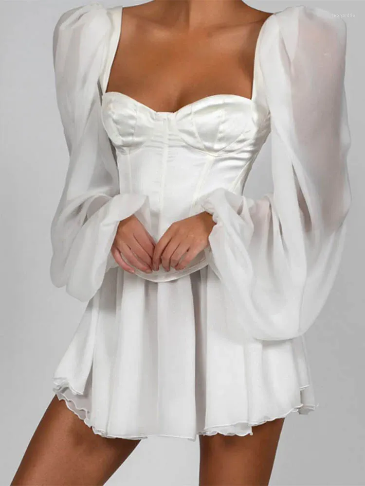 Повседневные платья 2023, сексуальное женское платье-рубашка, белый облегающий корсет, мини-шифоновый рукав-фонарик, модная праздничная одежда