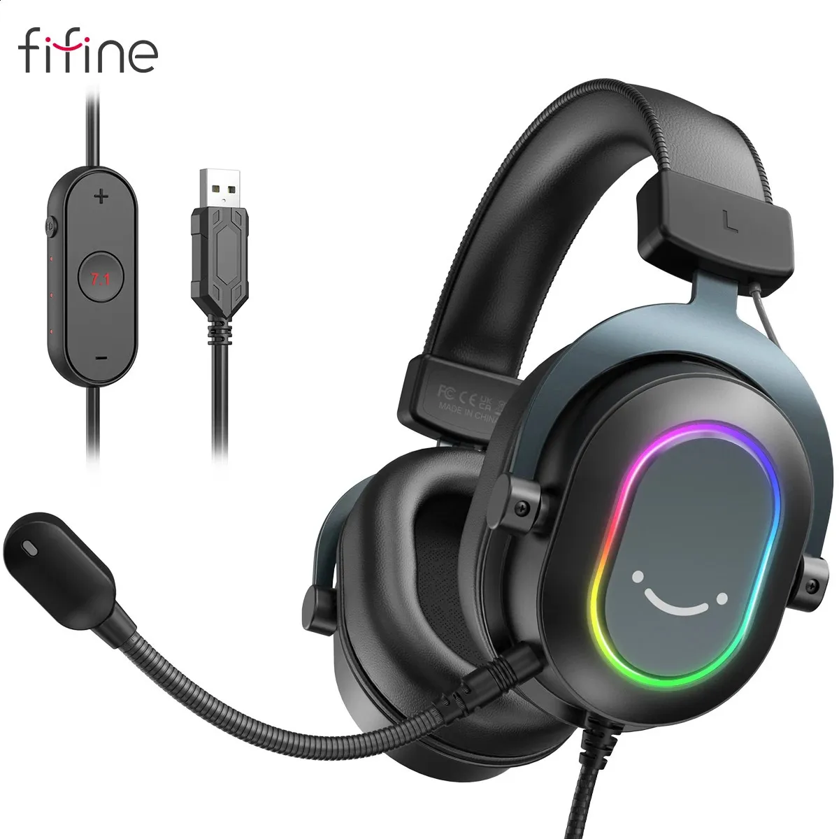 Cell Phone Earphones Fifine Dynamic RGB Gaming Headset with Mic Over-Ear Headphones 7.1 Surround Sound PC 3 EQ Options Game Movie Music 231109