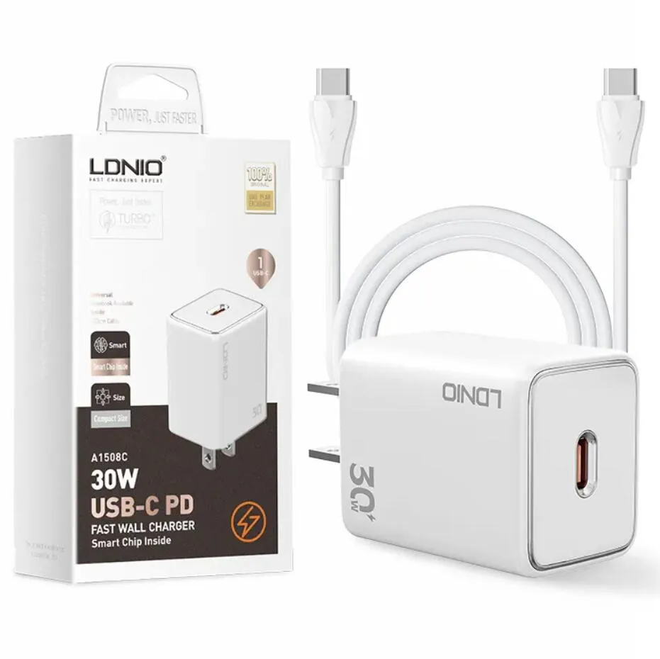 LDNIO A1508C A2318C Caricatore USB C da 30 W Adattatore di ricarica veloce da parete PD con cavo da tipo C a tipo C