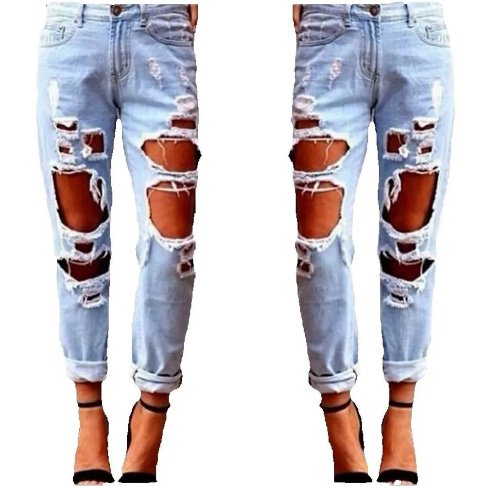 Blue Rock Star Ripped Denim Joggers With Knee Holes Slim Fit