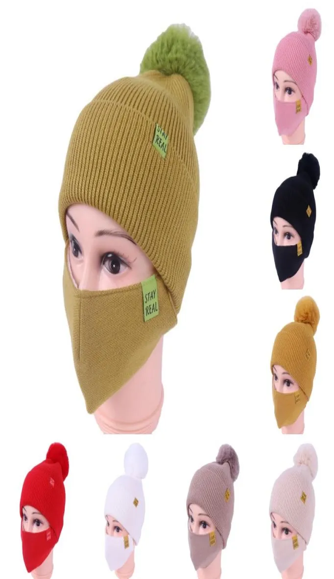 DHL Womens Girls Knit Beanie Cap With Face Mask Set Soft Warm Fode Winter Ski Pompom Hat Outdoor Cycling 8 Colors Kimter3298127