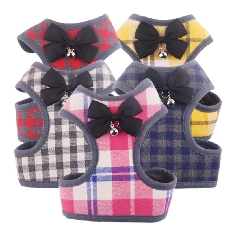 Fashion Plaid Printed Pet Harnesses Cute Bow Knot Bell Dog Vest High Quality Cat Dog Harnesses with Leashes7863447