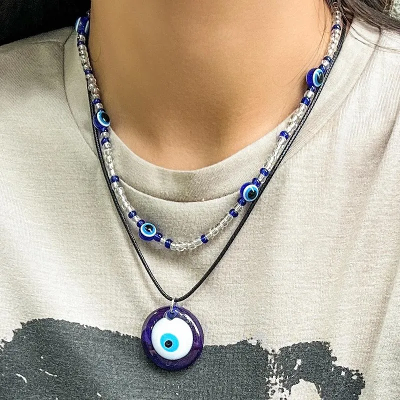 Anhänger Halsketten Boho Acryl-Samenperlen-Schlüsselbein-Halsband Einfache Leder-Wachsschnur-Kette Große türkische glückliche blaue Augen-Halskette Sommerschmuck