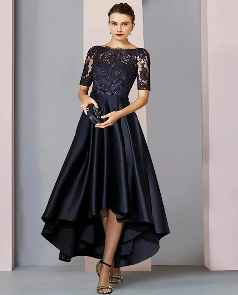 Black Satin Lace Mother Of The Bride Groom Asymmetrical Dress With Bow High Low Cut Short Sleeves Plus Size Perfect For Wedding Parties In 2024 From Donnaweddingdress17 82.98 DHgate.Com