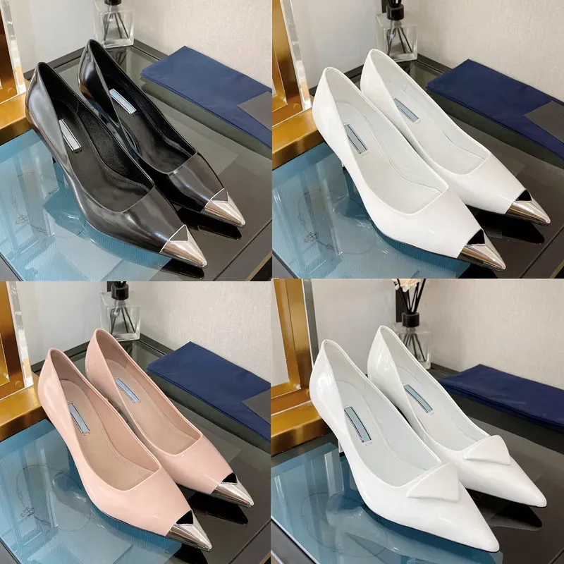 Luxury Woman Heels Dress Shoes Sandaler Ballerina Fashion Designer Metal Leather Wedding Party Ladies Stilettos Triangle Sandaler Storlek 35-42