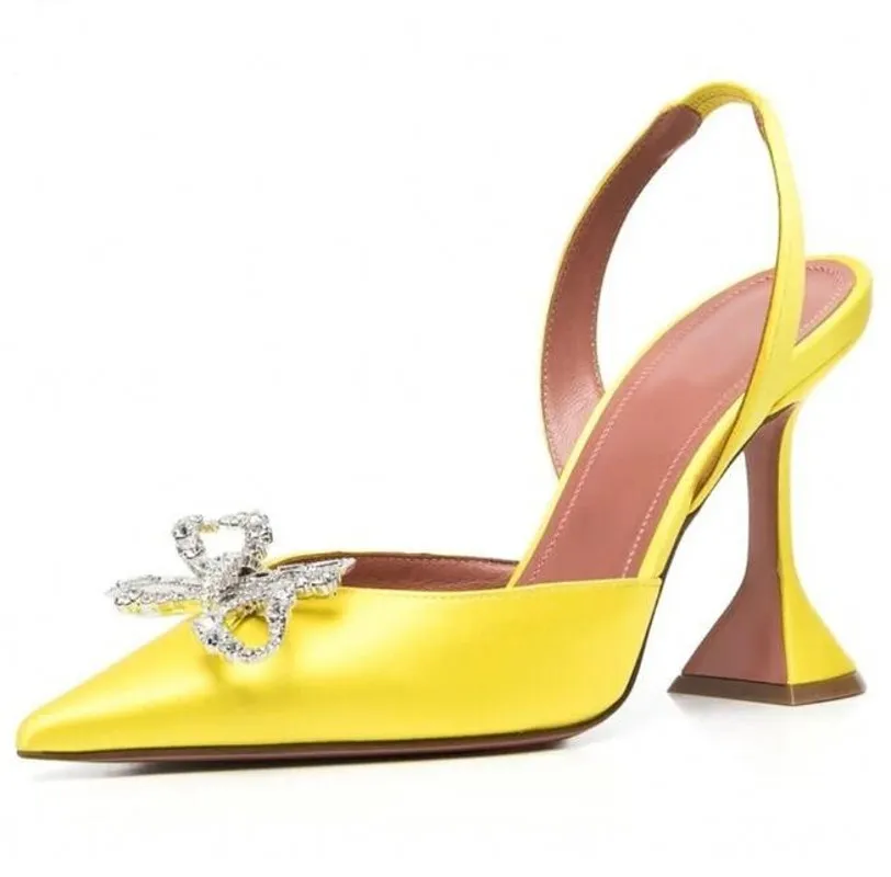 Bijoux cristal papillon-noeud sandales femmes haut gobelet talon luxe Satin bout pointu été robe de mariée chaussures