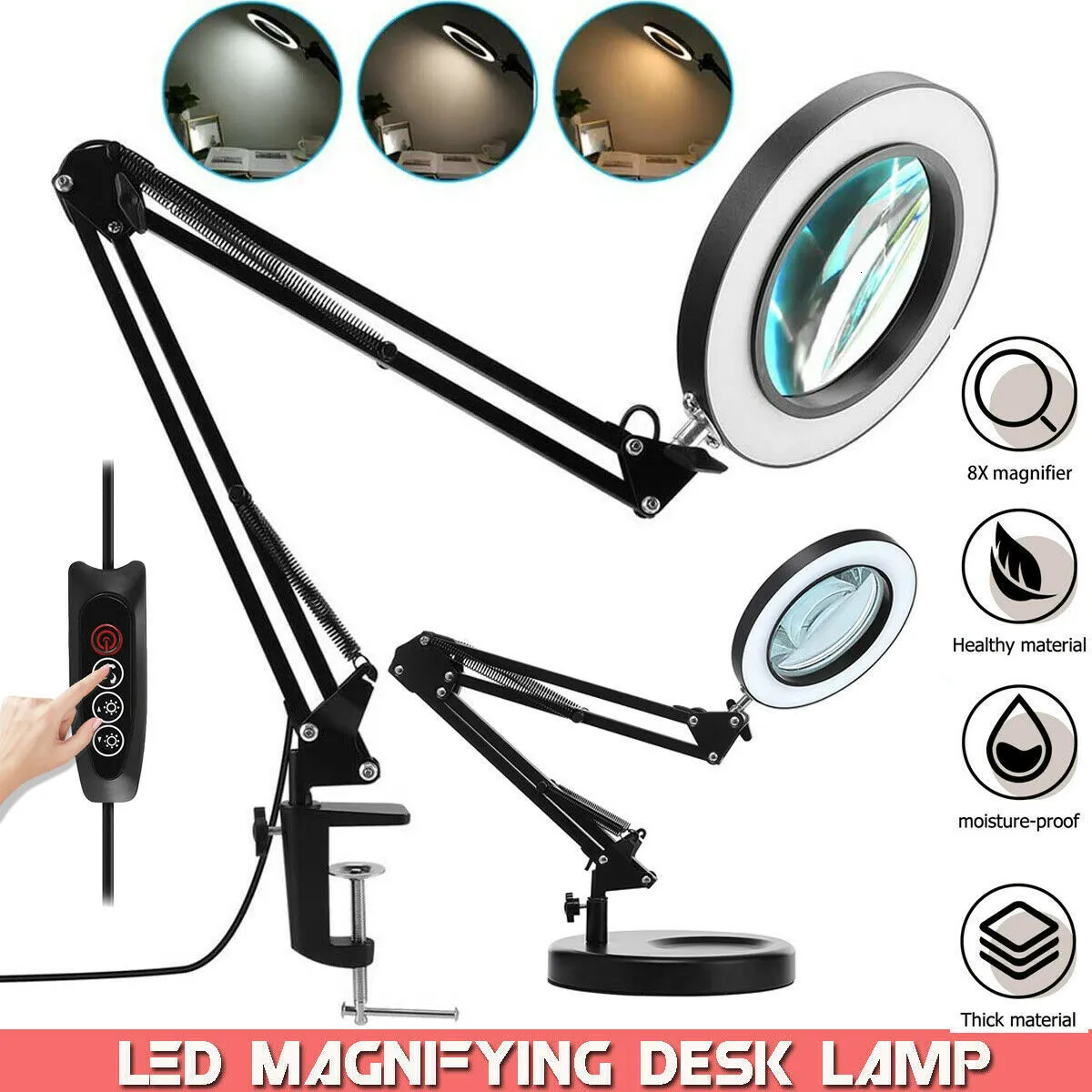 8X LED Magnifying Glass 3 Colour Modes 10 Levels Magnifier Lamp Diameter  Glass Adjustable Swivel Arm for Reading Repair Crafts