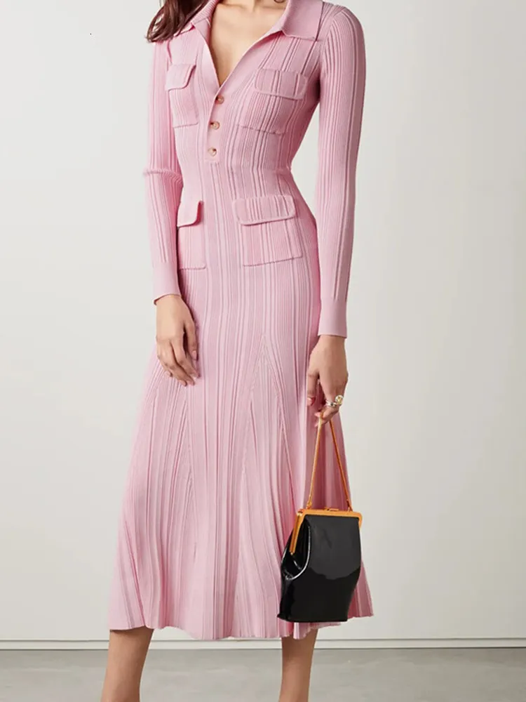 Casual Dresses Spring Women's Pink Knitted Dress Lapel Pocket Slim and Elegant Women's Long Sleeves Midi Robe with Buttons 230410