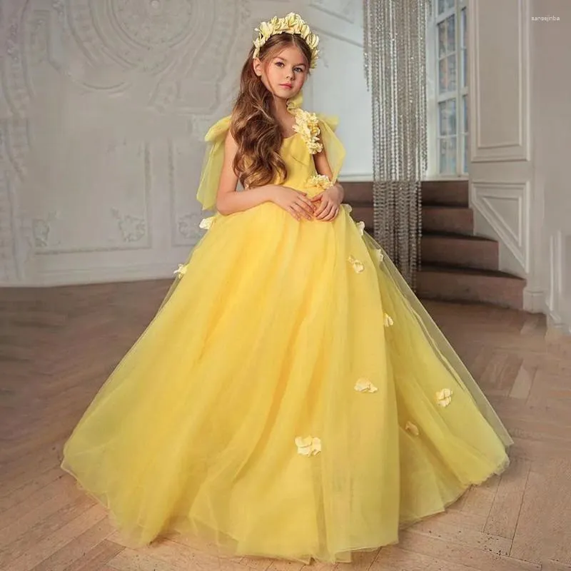 Robes de fille jaune robe à fleurs moelleuses Tulle col rond sans manches noeud sangle mariage mignon enfants première Communion fête