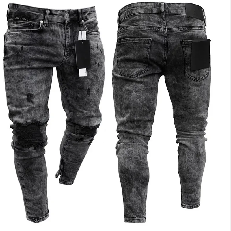 Jeans voor heren Biker jeans Distressed stretch gescheurde bikerjeans voor heren Hiphop Slim Fit Gaten Punk Jeans Rits Pure kleur denim broek 231110