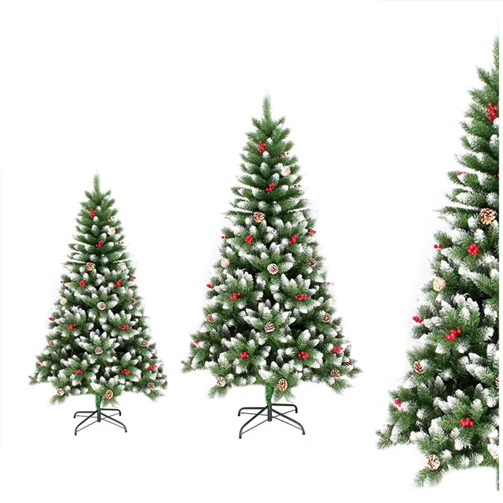 Weihnachtsdekorationen, 1,5 m, 1,5 m, 150 cm, 120 cm, verschneite beflockte Weihnachten mit roten Beeren, Tannenzapfen, Metallsockel 231110