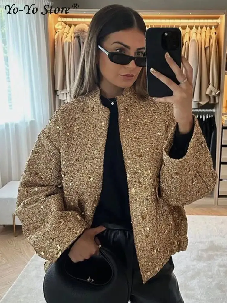 Kvinnorjackor Shinny Gold Sequin Croped Jacka för kvinnor Stand Collar Long Sleeve Loose Female Coats Autumn Fashion Casual Streetwear 231109