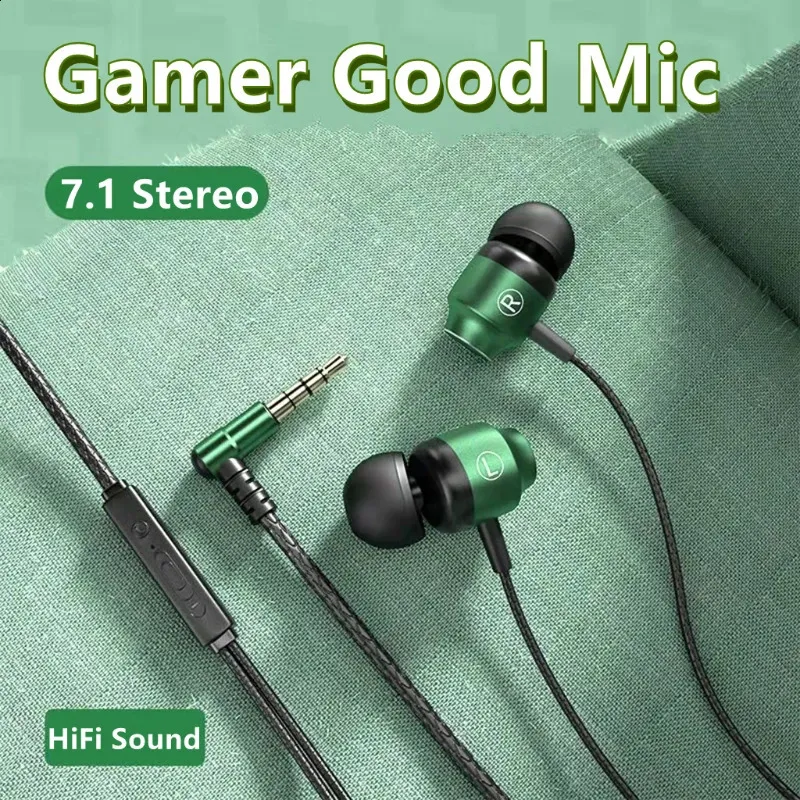 Cell Phone Earphones L Jack Magnetic Gamer Wired Earphones Gaming Green Metal HiFi Bass Stereo 3.5mm Type C Earbuds For Phone Computer Mic Headphones 231109