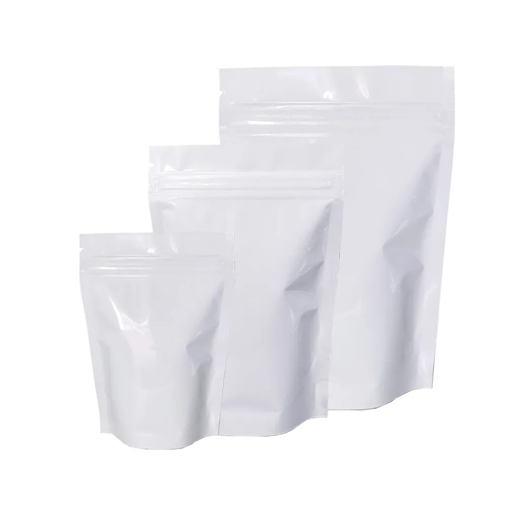 100 st/Lot Glossy White Aluminium Foil Zipper Bag doypack Återställbar mylar Zip Lock Food Lukt Proof förvaring Förpackning Stående påsar