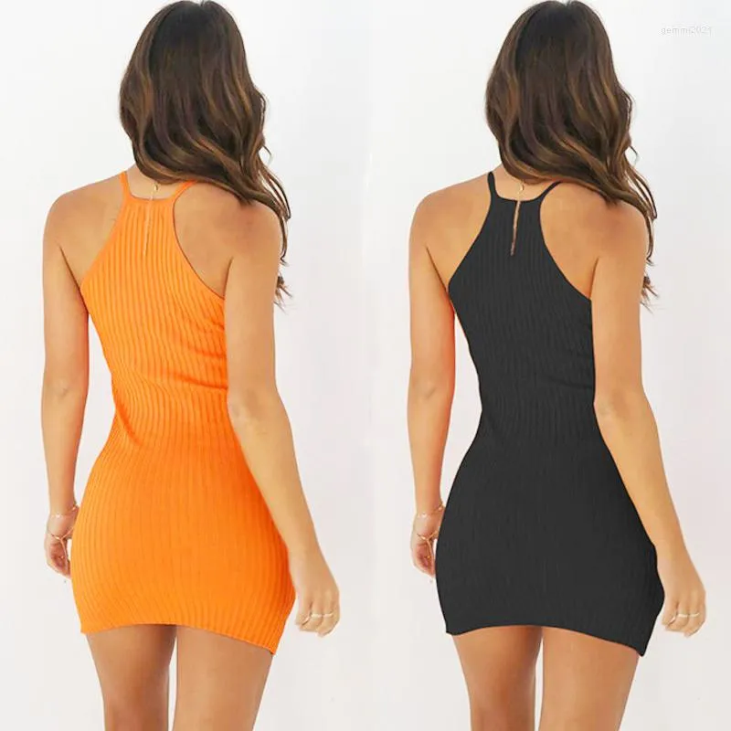 Sıradan Elbiseler 2023 Seksi Kulüp Backless Spagetti Strap Yaz Elbise Pamuklu Bayanlar Elastik Bodycon Siyah Sarı Parti Mini