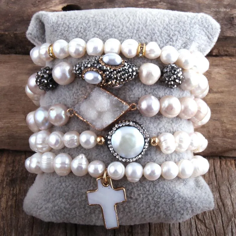 스트랜드 MD 디자이너 Boho Pearl Beaded Bracelet Freshwater 5pc 팔찌 세트 여성 보석 선물 드롭 스쉽