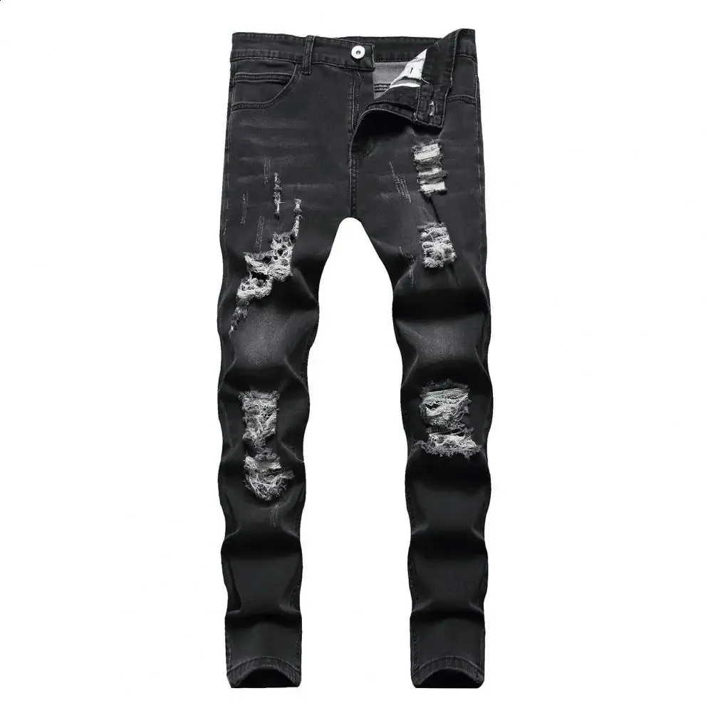 Dżinsy męskie dżinsy męskie z pękniętymi dziurami Ultra cienki dopasowanie Męski zamek błyskawiczny Zamknięte w talii Hip Hop Street Ubranie Męskie spodnie 231109