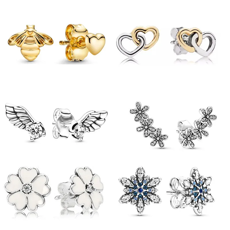 925 Sterling Silver stud Love winged bee Earrings for women Feather Earring High Jewelry Birthday Engagement Dust Bag box Gifts fit Pandora Charm