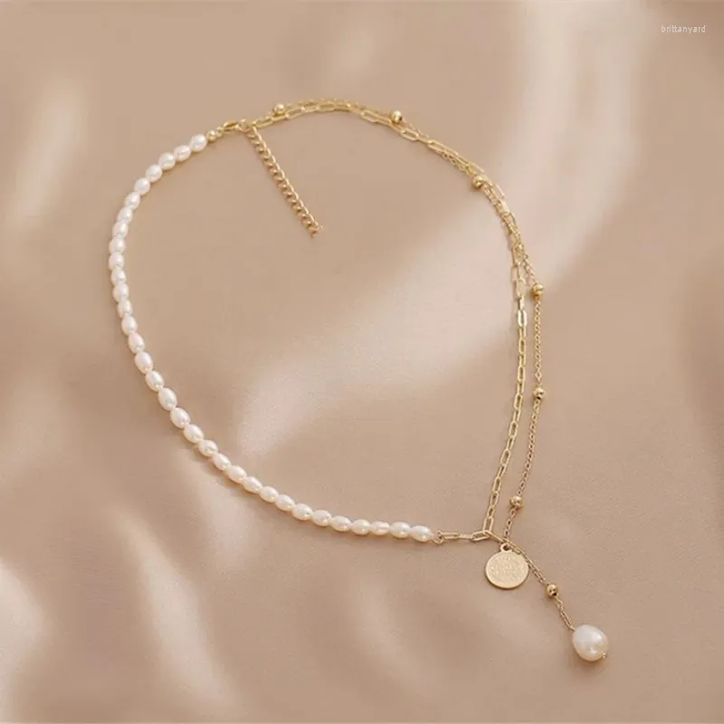 Collane con ciondolo Minar Perla d'acqua dolce ovale alla moda per le donne Girocollo con catena a maglia asimmetrica in rame placcato oro reale 14K