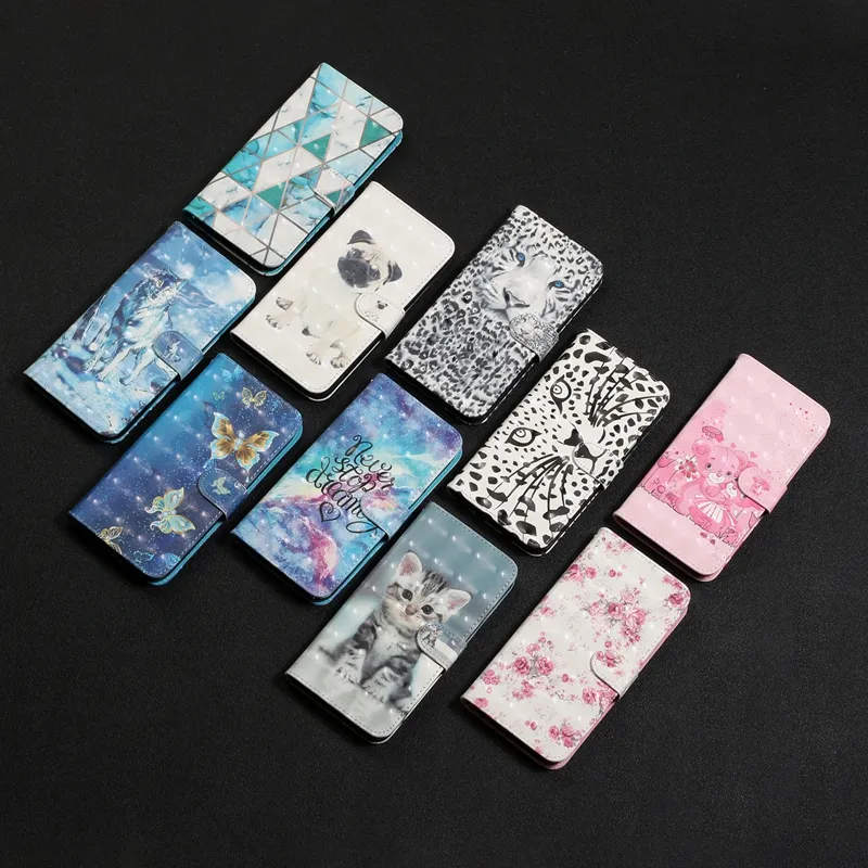 3D Leder Wallet Cases für Google Pixel 8 PRO 7 7A 6A Xiaomi 13 Pro Lite Redmi Note 12 Moto G13 E13 E22 G73 G62 G60 4G Tier Wolf Katze Leopard Marmor Blume Stand Flip Cover