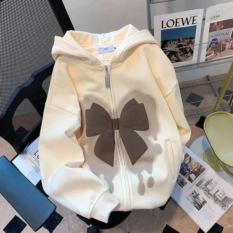 Women's Hoodies Zipper Hoodie Women Autumn Coat Oversize Clothes Bow Print Designer Cotton Loose Top Winter Cardigan Hooded Jacket