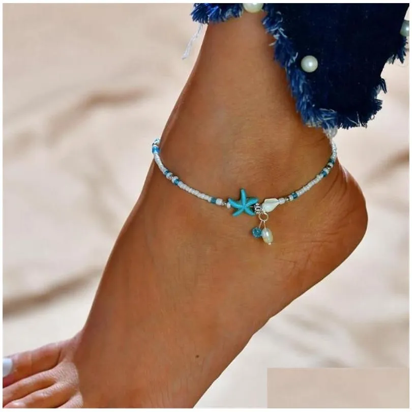 Bracelets de cheville Boho perle d'eau douce charme femmes sandales perles bracelet de cheville été plage étoile de mer bracelets de perles bijoux de pied goutte Deliv Dhonn
