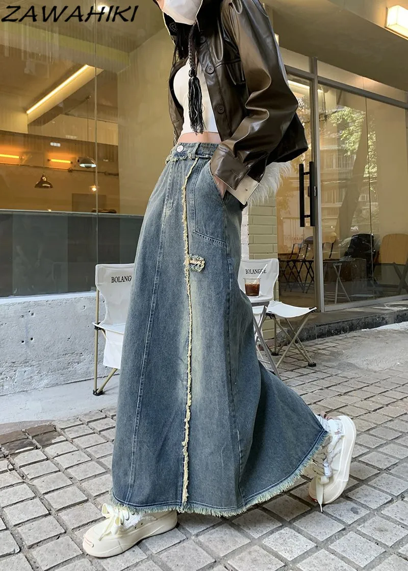 Y2K Vintage Knee Length Denim Midi Skirt For Women High Waist