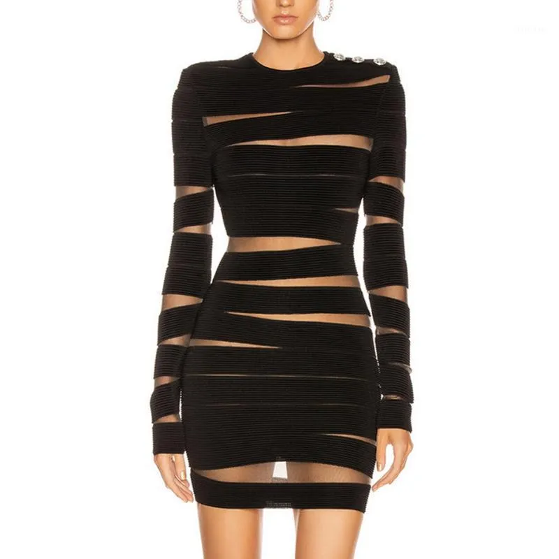 Casual Dresses Ciemiili Stylish Solid Black Fashion Mesh Woman Dress 2023 Winter Sexig långärmad O-Neck Nightclub Mini Bandage