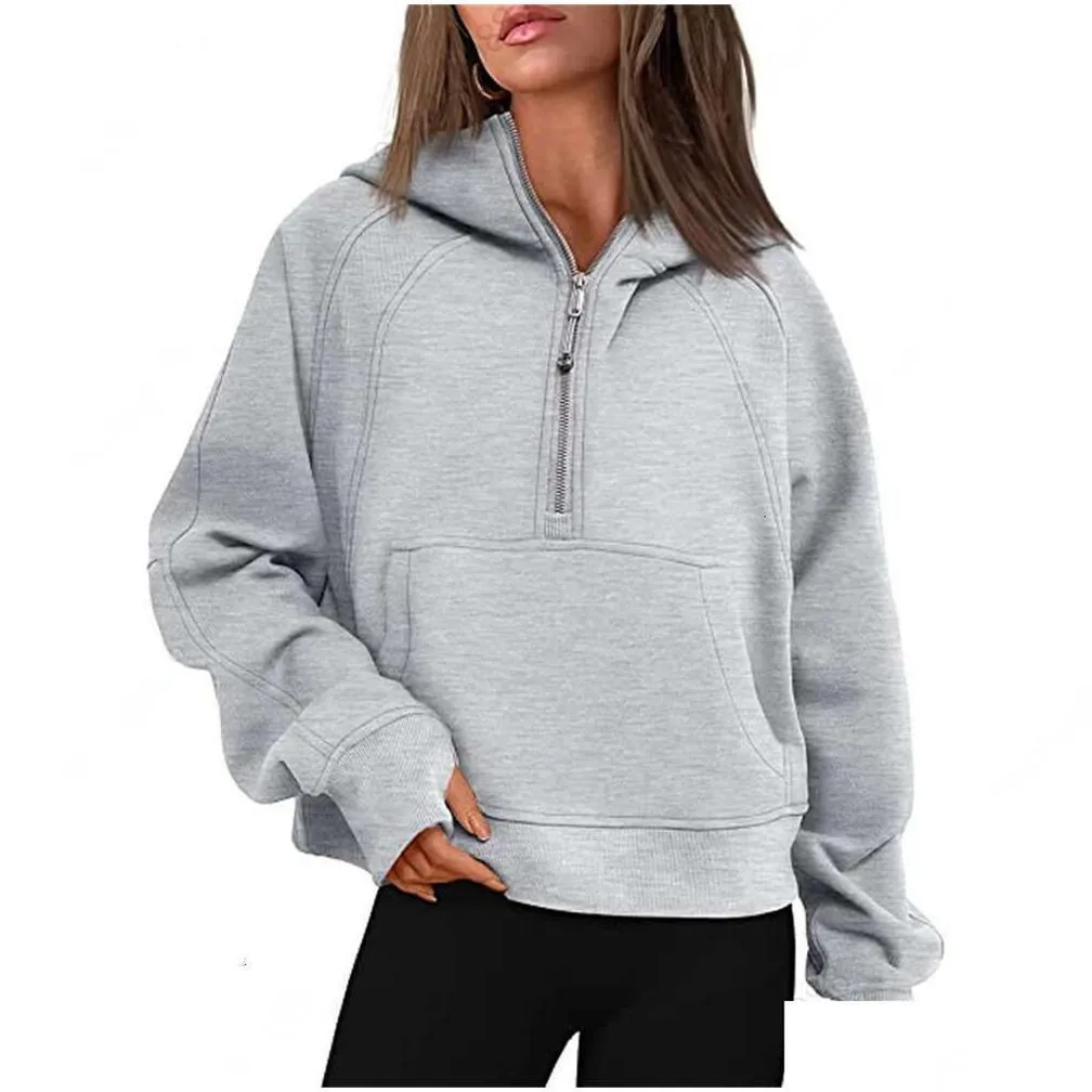 lululemens-43 autumn winter yoga suit scuba hoodie half zip womens sports sweater loose gym jacket fitness short plush coat