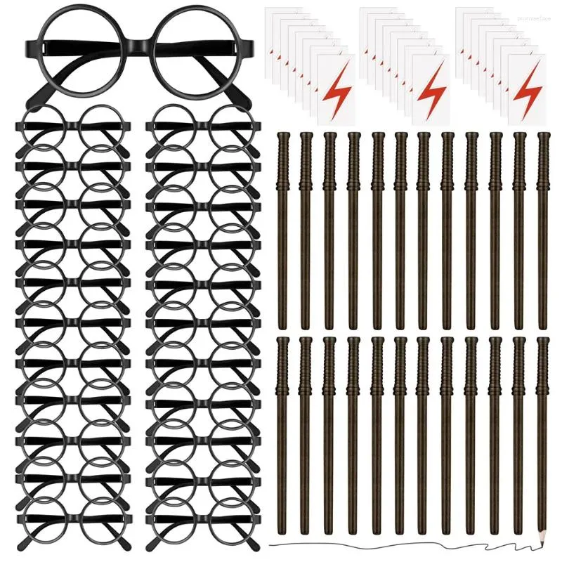 Мешочки для ювелирных изделий 72x Набор сувениров для тематической вечеринки «Волшебник» включает в себя 24 палочки-карандаша, очки с круглой оправой, без линз, татуировки